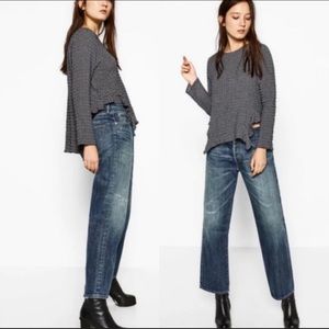 Zara navy and grey gingham ruffle crinkle top